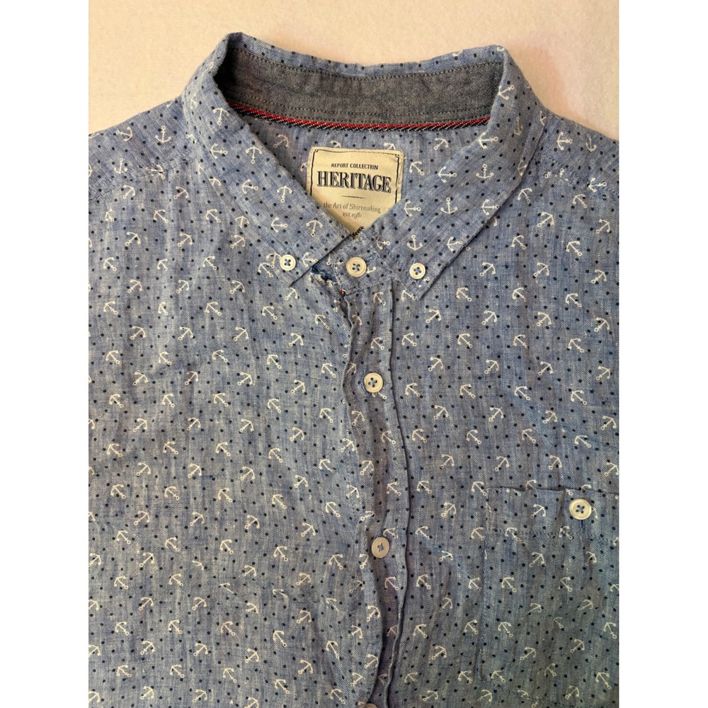 Report Collection Heritage Mens XL Blue Linen Anchor Print Short Sleeve Shirt